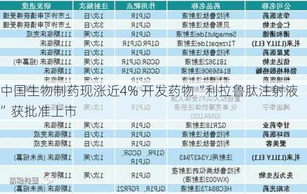 中国生物制药现涨近4% 开发药物“利拉鲁肽注射液”获批准上市