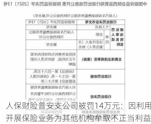 人保财险普安支公司被罚14万元：因利用开展保险业务为其他机构牟取不正当利益