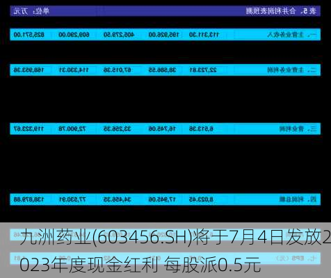 九洲药业(603456.SH)将于7月4日发放2023年度现金红利 每股派0.5元