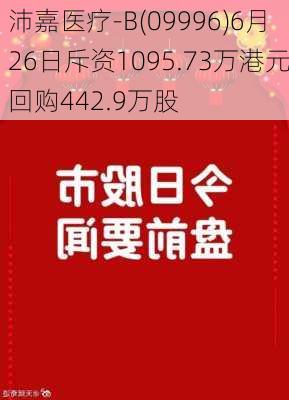 沛嘉医疗-B(09996)6月26日斥资1095.73万港元回购442.9万股