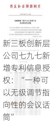 新三板创新层公司七九七新增专利信息授权：“一种可以无级调节指向性的会议话筒”