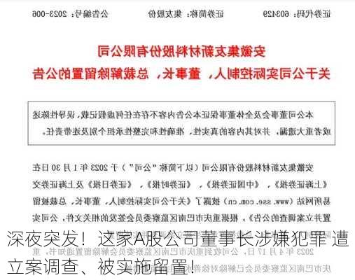 深夜突发！这家A股公司董事长涉嫌犯罪 遭立案调查、被实施留置！