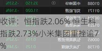 收评：恒指跌2.06% 恒生科指跌2.73%小米集团重挫逾7%