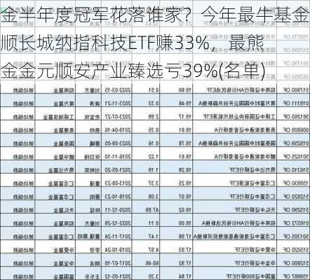 基金半年度冠军花落谁家？今年最牛基金景顺长城纳指科技ETF赚33%，最熊基金金元顺安产业臻选亏39%(名单)