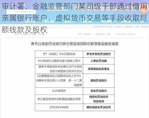 审计署：金融监管部门某司级干部通过借用亲属银行账户、虚拟货币交易等手段收取巨额钱款及股权