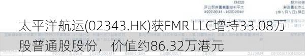 太平洋航运(02343.HK)获FMR LLC增持33.08万股普通股股份，价值约86.32万港元