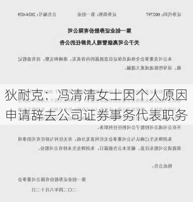 狄耐克：冯清清女士因个人原因申请辞去公司证券事务代表职务