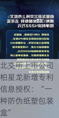 北交所上市公司柏星龙新增专利信息授权：“一种防伪纸塑包装盒”