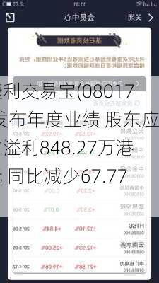 捷利交易宝(08017)发布年度业绩 股东应占溢利848.27万港元 同比减少67.77%