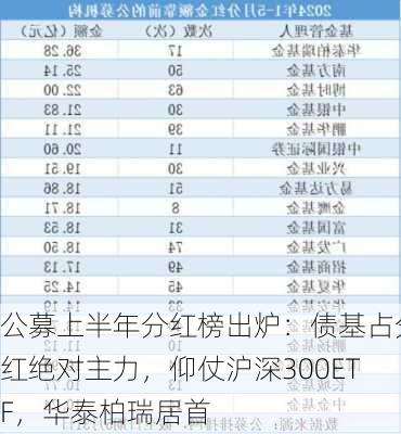 公募上半年分红榜出炉：债基占分红绝对主力，仰仗沪深300ETF，华泰柏瑞居首