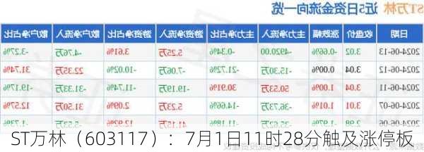 ST万林（603117）：7月1日11时28分触及涨停板