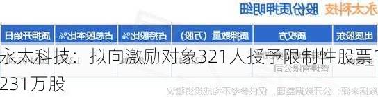 永太科技：拟向激励对象321人授予限制性股票1231万股