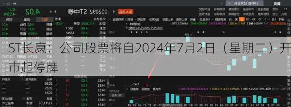 ST长康：公司股票将自2024年7月2日（星期二）开市起停牌