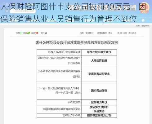 人保财险阿图什市支公司被罚20万元：因保险销售从业人员销售行为管理不到位