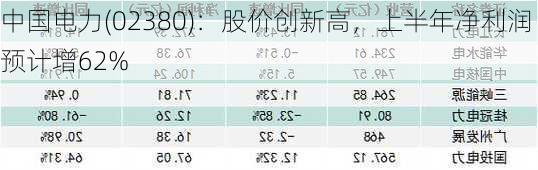 中国电力(02380)：股价创新高，上半年净利润预计增62%