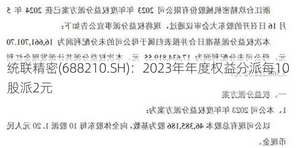 统联精密(688210.SH)：2023年年度权益分派每10股派2元