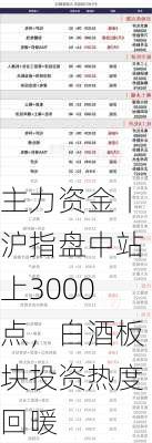 主力资金丨沪指盘中站上3000点，白酒板块投资热度回暖