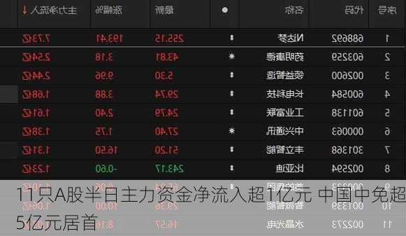 11只A股半日主力资金净流入超1亿元 中国中免超5亿元居首