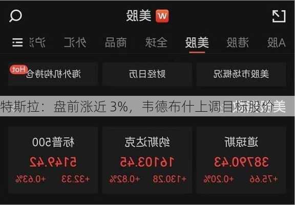 特斯拉：盘前涨近 3%，韦德布什上调目标股价