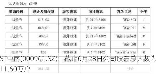 ST中南(000961.SZ)：截止6月28日公司股东总人数为11.60万户