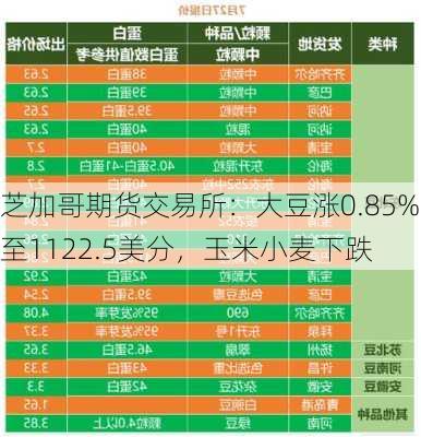 芝加哥期货交易所：大豆涨0.85%至1122.5美分，玉米小麦下跌