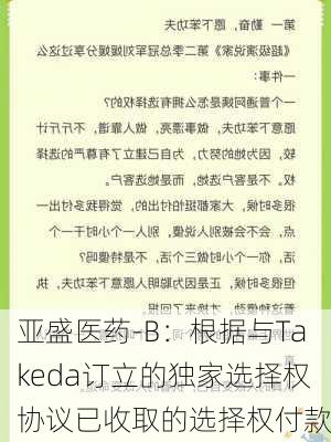 亚盛医药-B：根据与Takeda订立的独家选择权协议已收取的选择权付款