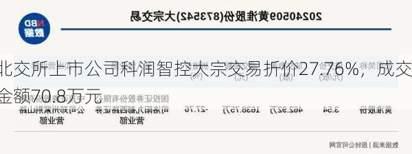 北交所上市公司科润智控大宗交易折价27.76%，成交金额70.8万元