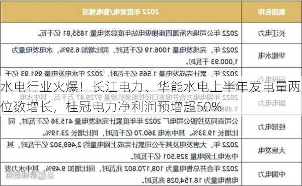 水电行业火爆！长江电力、华能水电上半年发电量两位数增长，桂冠电力净利润预增超50%