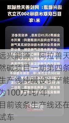 远兴能源：阿拉善天然碱项目一期第四条生产线纯碱设计产能为100万吨/年，目前该条生产线还在试车