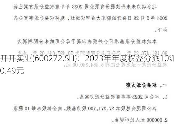 开开实业(600272.SH)：2023年年度权益分派10派0.49元