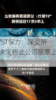 *ST保力：深交所决定终止公司股票上市