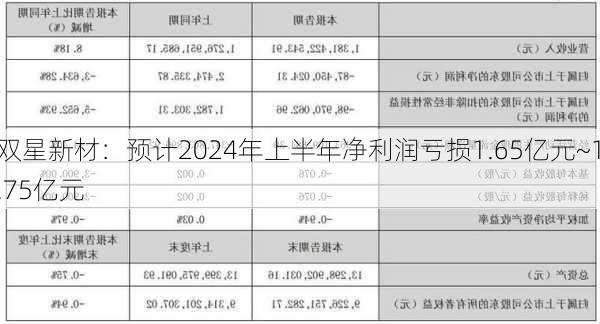 双星新材：预计2024年上半年净利润亏损1.65亿元~1.75亿元