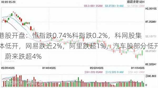 港股开盘：恒指跌0.74%科指跌0.2%，科网股集体低开，网易跌近2%，阿里跌超1%，汽车股部分低开，蔚来跌超4%