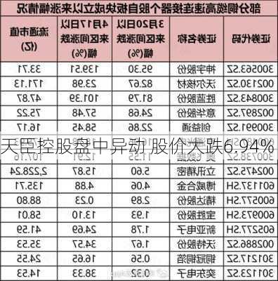 天臣控股盘中异动 股价大跌6.94%