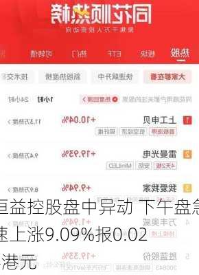 恒益控股盘中异动 下午盘急速上涨9.09%报0.024港元