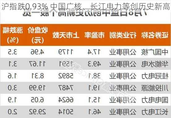 沪指跌0.93% 中国广核、长江电力等创历史新高