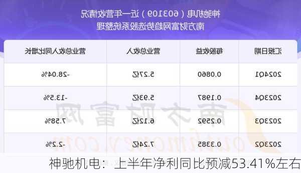 神驰机电：上半年净利同比预减53.41%左右