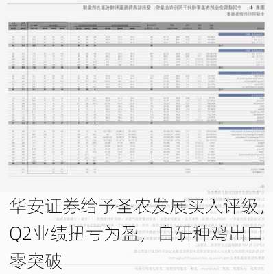 华安证券给予圣农发展买入评级，Q2业绩扭亏为盈，自研种鸡出口零突破