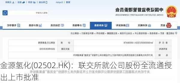 金源氢化(02502.HK)：联交所就公司股份全流通授出上市批准