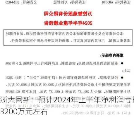 浙大网新：预计2024年上半年净利润亏损3200万元左右