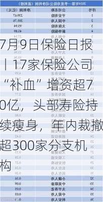 7月9日保险日报丨17家保险公司“补血”增资超70亿，头部寿险持续瘦身，年内裁撤超300家分支机构