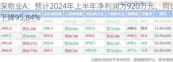 深物业A：预计2024年上半年净利润为920万元，同比下降95.84%