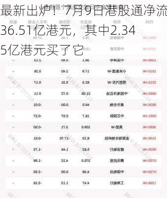 最新出炉！7月9日港股通净流入36.51亿港元，其中2.345亿港元买了它