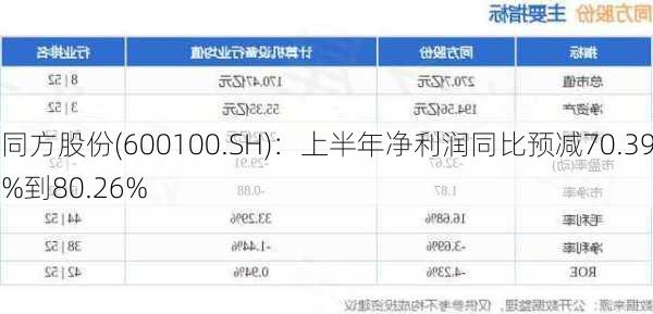 同方股份(600100.SH)：上半年净利润同比预减70.39%到80.26%