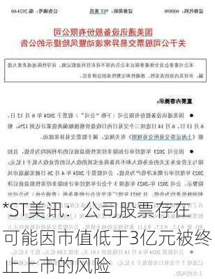 *ST美讯：公司股票存在可能因市值低于3亿元被终止上市的风险