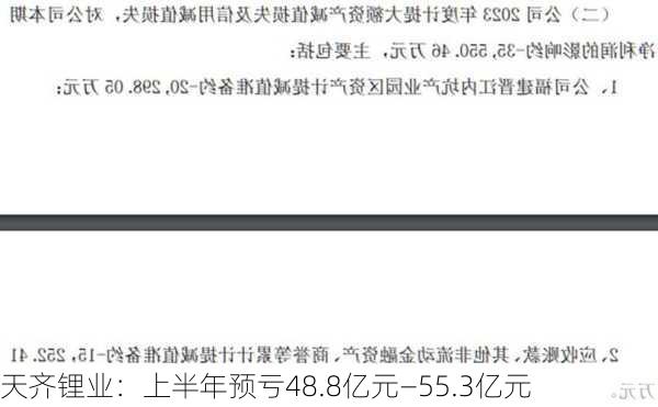 天齐锂业：上半年预亏48.8亿元―55.3亿元