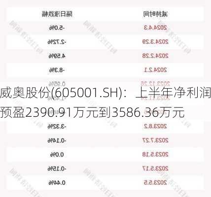 威奥股份(605001.SH)：上半年净利润预盈2390.91万元到3586.36万元