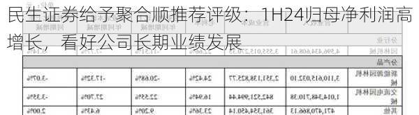 民生证券给予聚合顺推荐评级：1H24归母净利润高增长，看好公司长期业绩发展