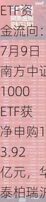 ETF资金流向：7月9日南方中证1000ETF获净申购13.92亿元，华泰柏瑞沪深300ETF获净申购8.64亿元（附图）