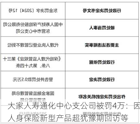 大家人寿通化中心支公司被罚4万：因人身保险新型产品超犹豫期回访等